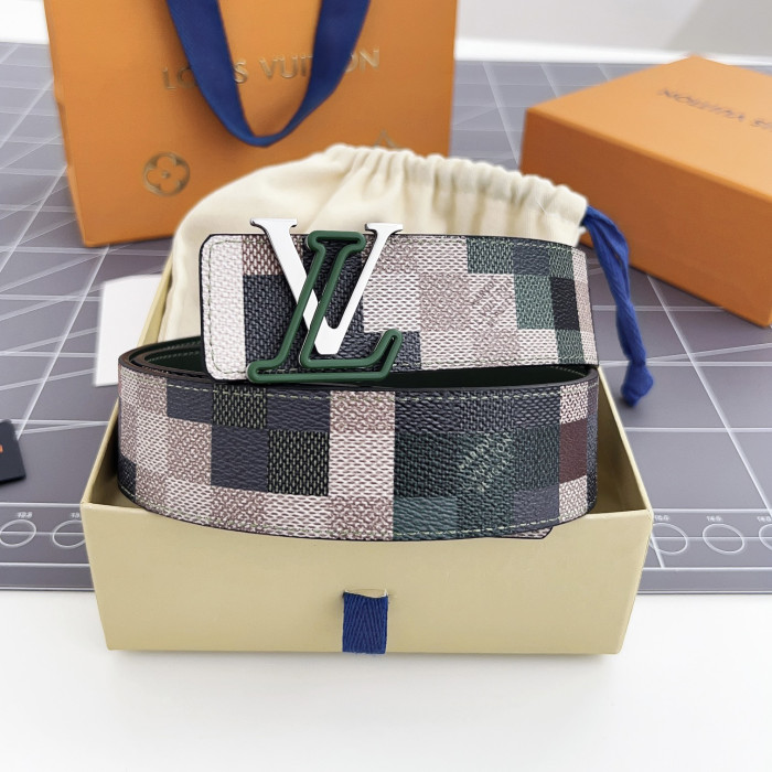 NIGO Louis Vuitton Men's Color Checkered Letter Logo Brown Leather Belt Width 4cm Accessory #nigo72696