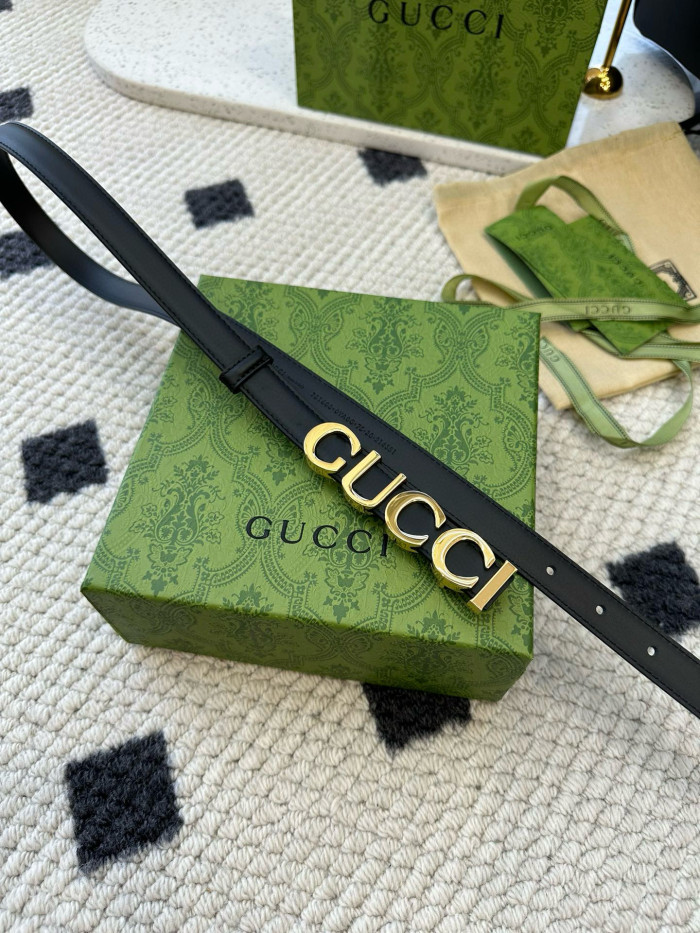 NIGO Gucci Women's Gold Logo Smooth Buckle Black Leather Thin Belt #nigo98151