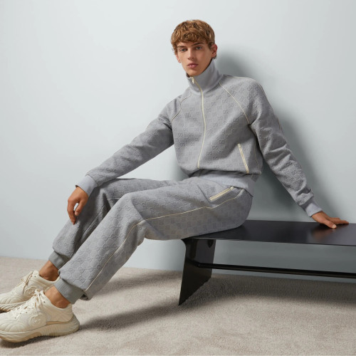 NIGO Gucci Men's Spring and Autumn Gray Letter Logo Full Print Zipper Long Sleeve Jacket Drawstring Tie Sweatpants Pants Suit Set #nigo72978