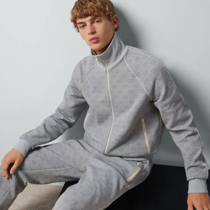 NIGO Gucci Men's Spring and Autumn Gray Letter Logo Full Print Zipper Long Sleeve Jacket Drawstring Tie Sweatpants Pants Suit Set #nigo72978