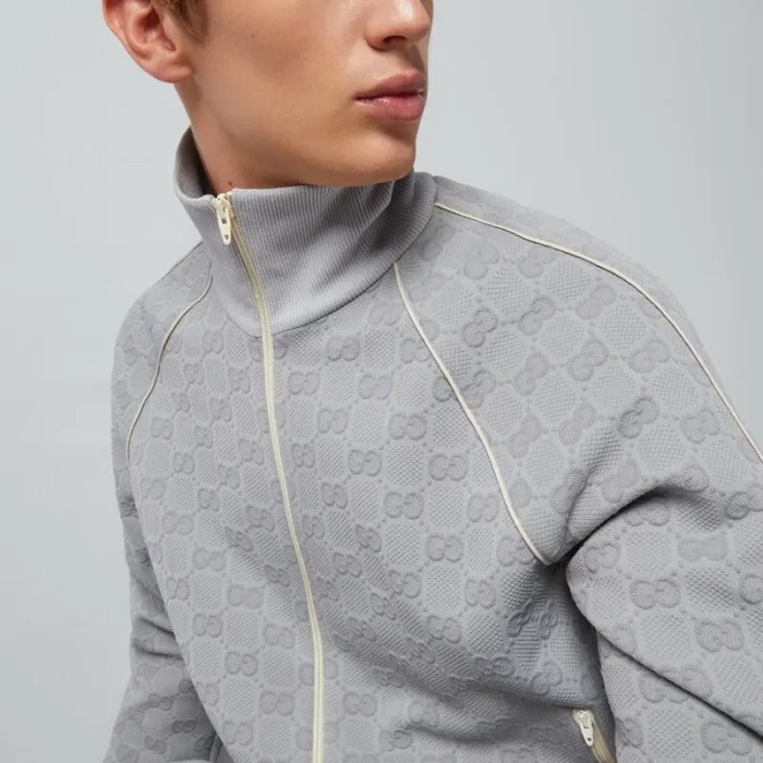 NIGO Gucci Men's Spring and Autumn Gray Letter Logo Full Print Zipper Long Sleeve Jacket Drawstring Tie Sweatpants Pants Suit Set #nigo72978