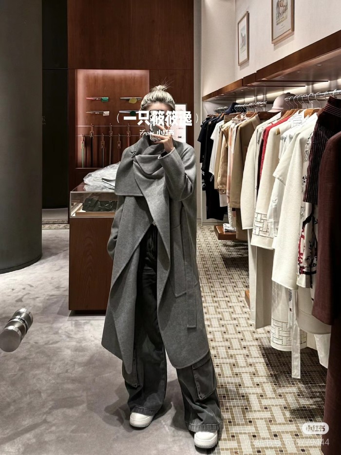 NIGO Hermes Women's Spring, Autumn And Winter Solid Color Leather Button Collar Tie Double Sided Cashmere Long Coat Ngvp #nigo9273