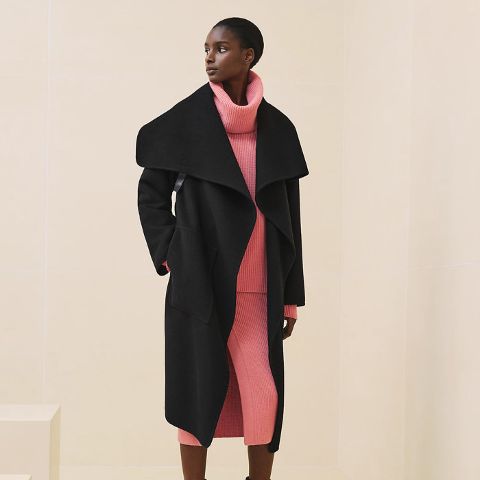 NIGO Hermes Women's Spring, Autumn And Winter Solid Color Leather Button Collar Tie Double Sided Cashmere Long Coat Ngvp #nigo9273