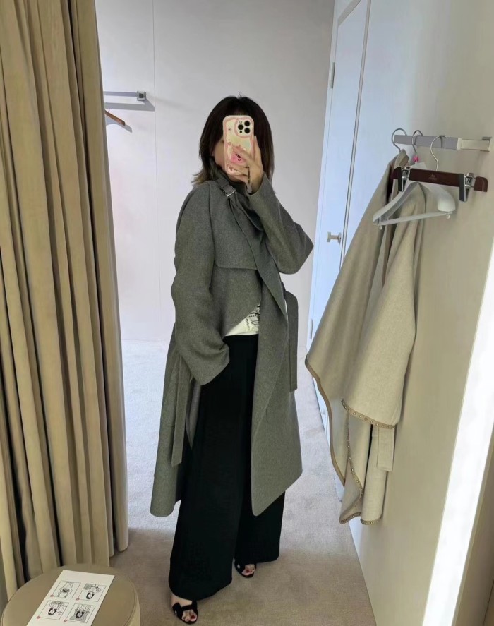 NIGO Hermes Women's Spring, Autumn And Winter Solid Color Leather Button Collar Tie Double Sided Cashmere Long Coat Ngvp #nigo9273