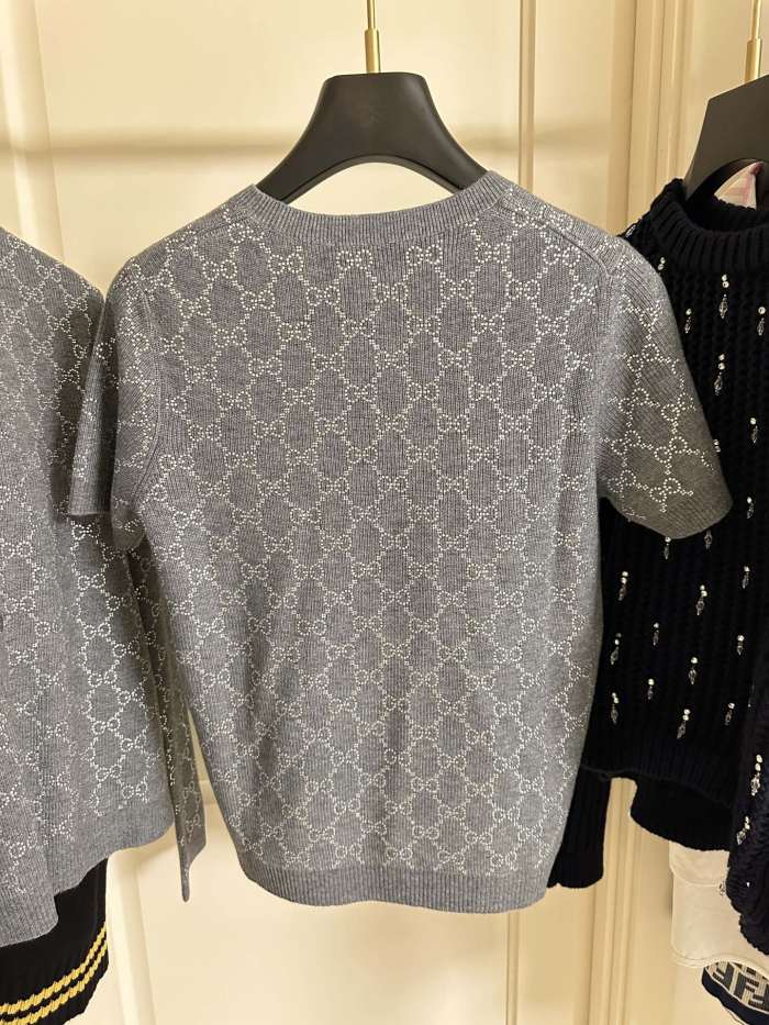 NIGO Gucci Women's Summer Gray Letter Logo Rhinestone Decoration Slim Short Sleeve Knit T-Shirt #nigo72992