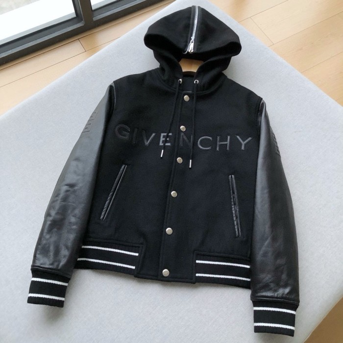 NIGO Givenchy Men's Fall/Winter Black Logo Printed Single Breasted Hooded Aviator Jacket #nigo72996
