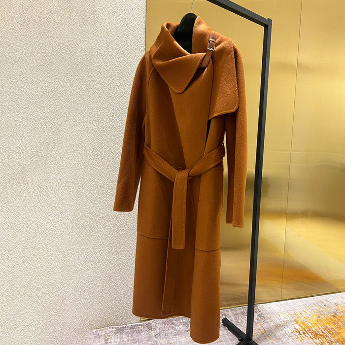 NIGO Hermes Women's Spring, Autumn And Winter Solid Color Leather Button Collar Tie Double Sided Cashmere Long Coat Ngvp #nigo9273