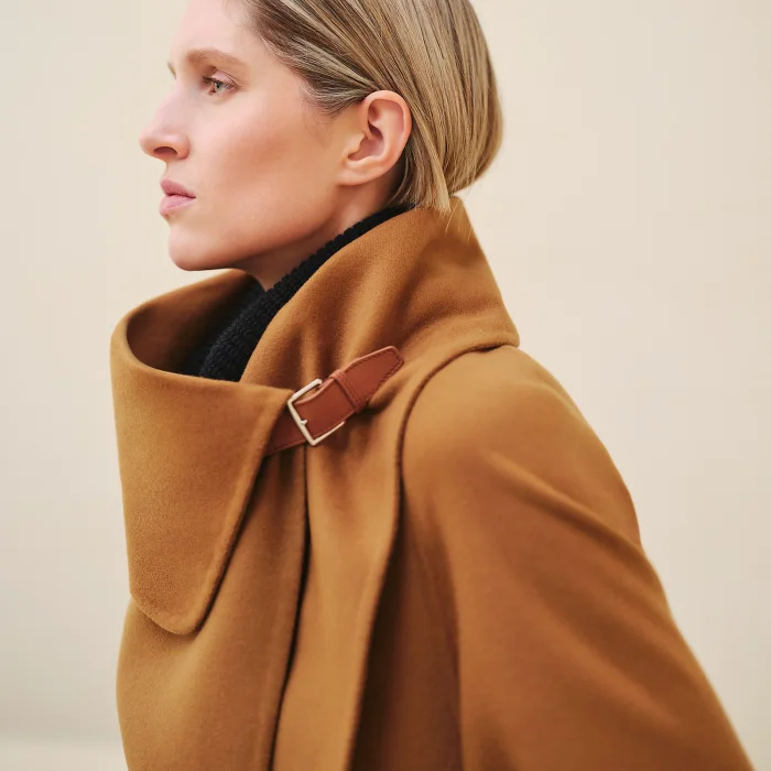 NIGO Hermes Women's Spring, Autumn And Winter Solid Color Leather Button Collar Tie Double Sided Cashmere Long Coat Ngvp #nigo9273