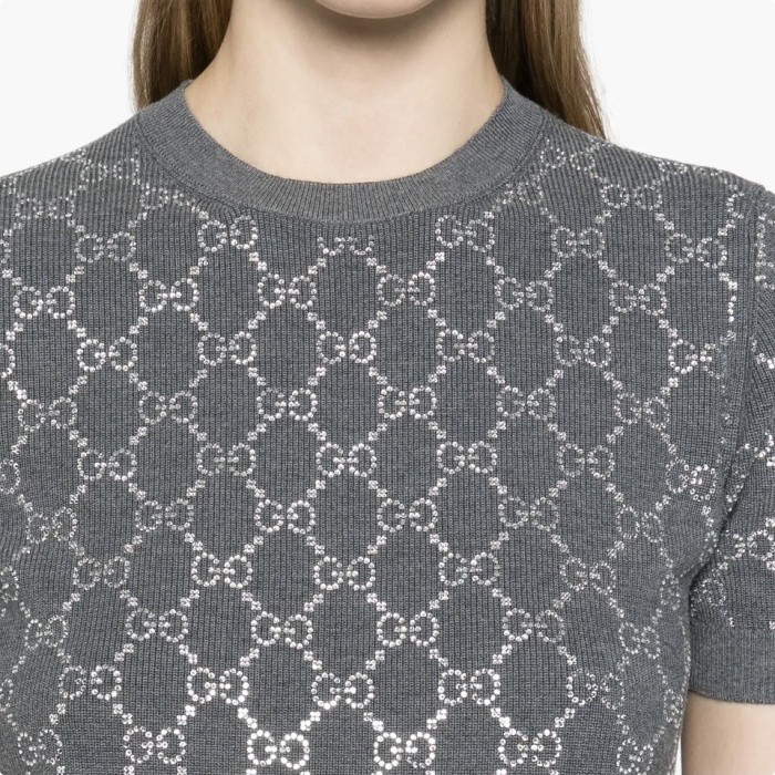 NIGO Gucci Women's Summer Gray Letter Logo Rhinestone Decoration Slim Short Sleeve Knit T-Shirt #nigo72992