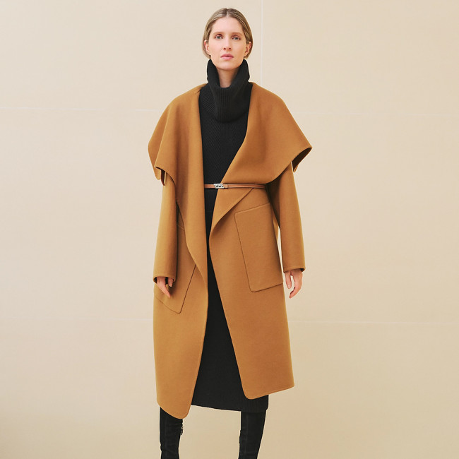NIGO Hermes Women's Spring, Autumn And Winter Solid Color Leather Button Collar Tie Double Sided Cashmere Long Coat Ngvp #nigo9273