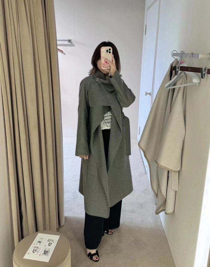 NIGO Hermes Women's Spring, Autumn And Winter Solid Color Leather Button Collar Tie Double Sided Cashmere Long Coat Ngvp #nigo9273