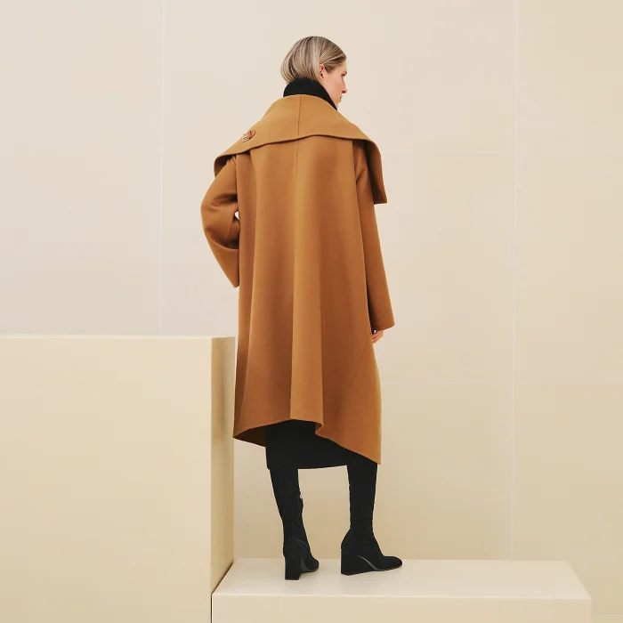 NIGO Hermes Women's Spring, Autumn And Winter Solid Color Leather Button Collar Tie Double Sided Cashmere Long Coat Ngvp #nigo9273