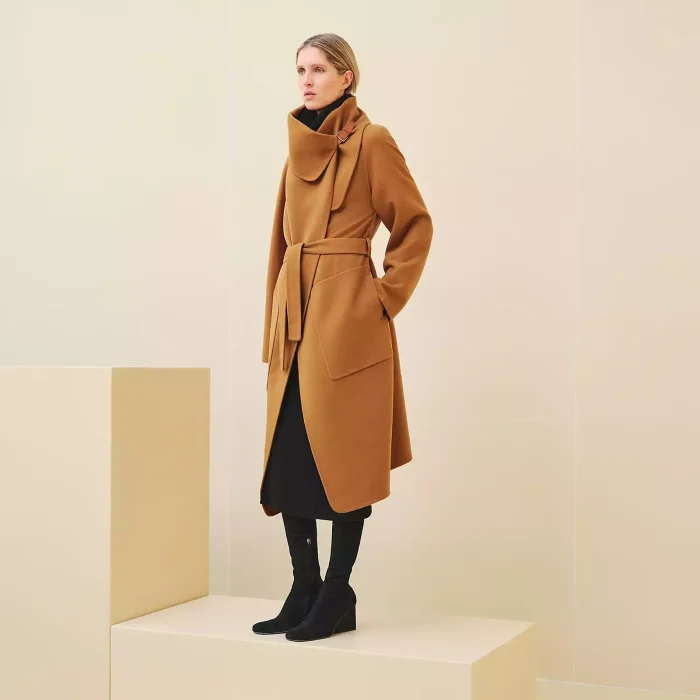 NIGO Hermes Women's Spring, Autumn And Winter Solid Color Leather Button Collar Tie Double Sided Cashmere Long Coat Ngvp #nigo9273