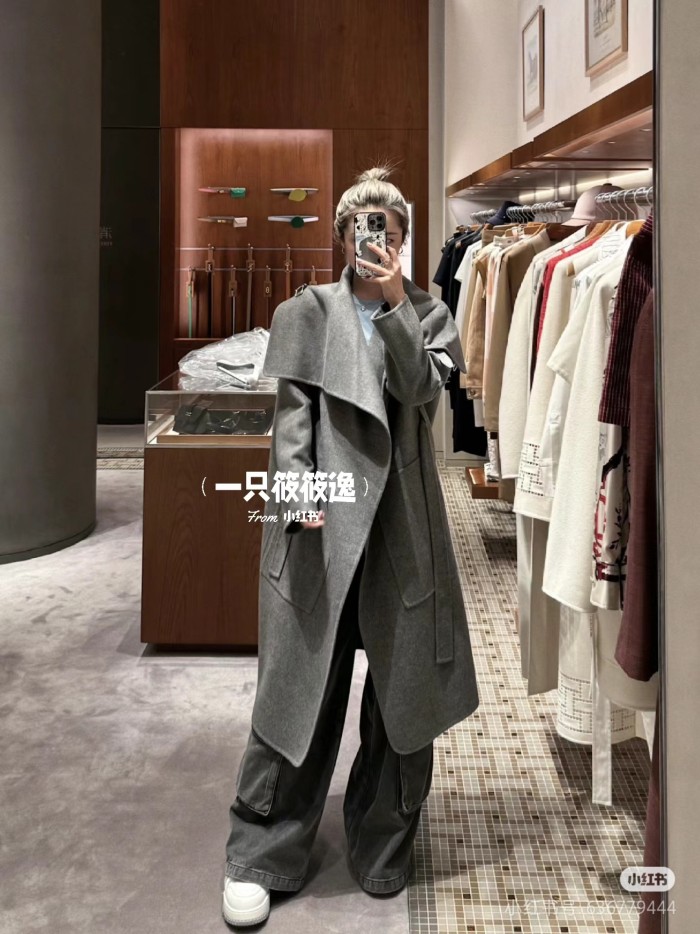 NIGO Hermes Women's Spring, Autumn And Winter Solid Color Leather Button Collar Tie Double Sided Cashmere Long Coat Ngvp #nigo9273