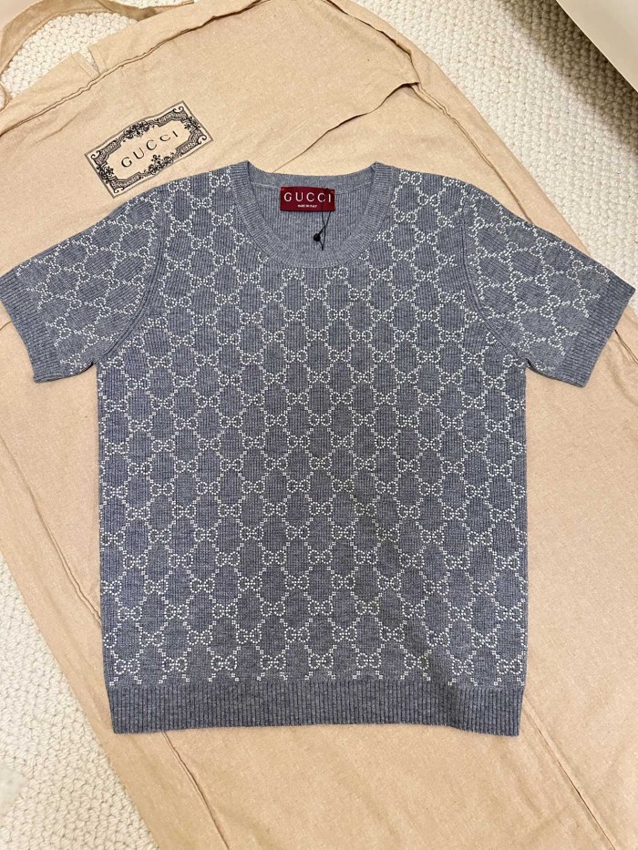 NIGO Gucci Women's Summer Gray Letter Logo Rhinestone Decoration Slim Short Sleeve Knit T-Shirt #nigo72992