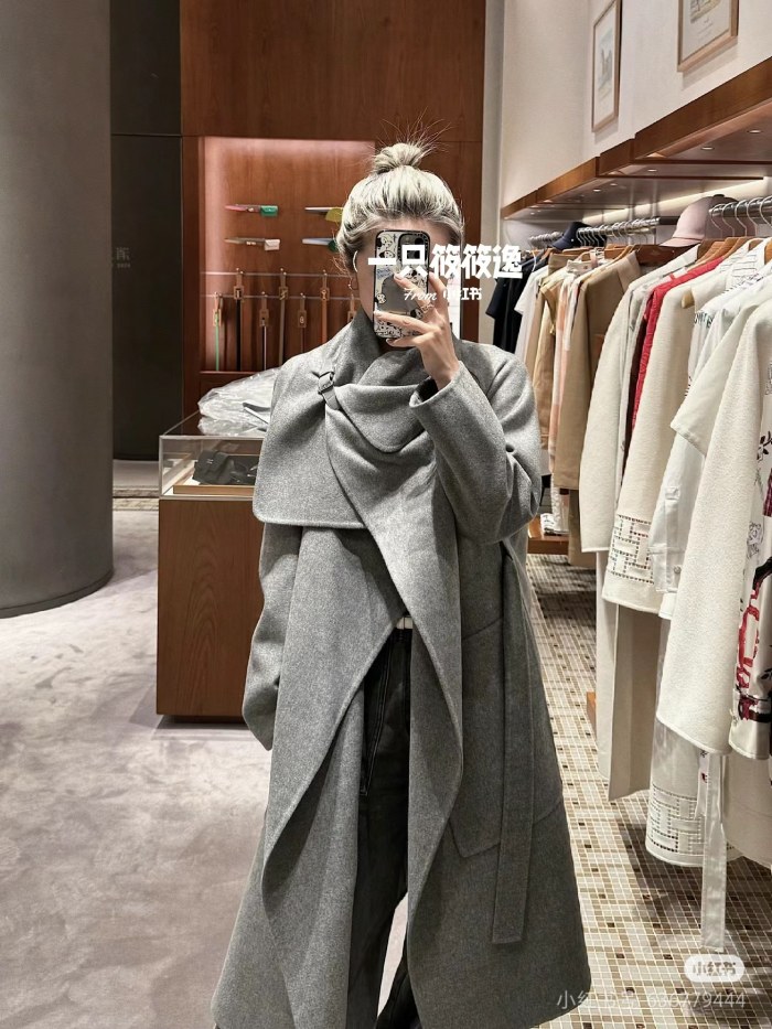 NIGO Hermes Women's Spring, Autumn And Winter Solid Color Leather Button Collar Tie Double Sided Cashmere Long Coat Ngvp #nigo9273