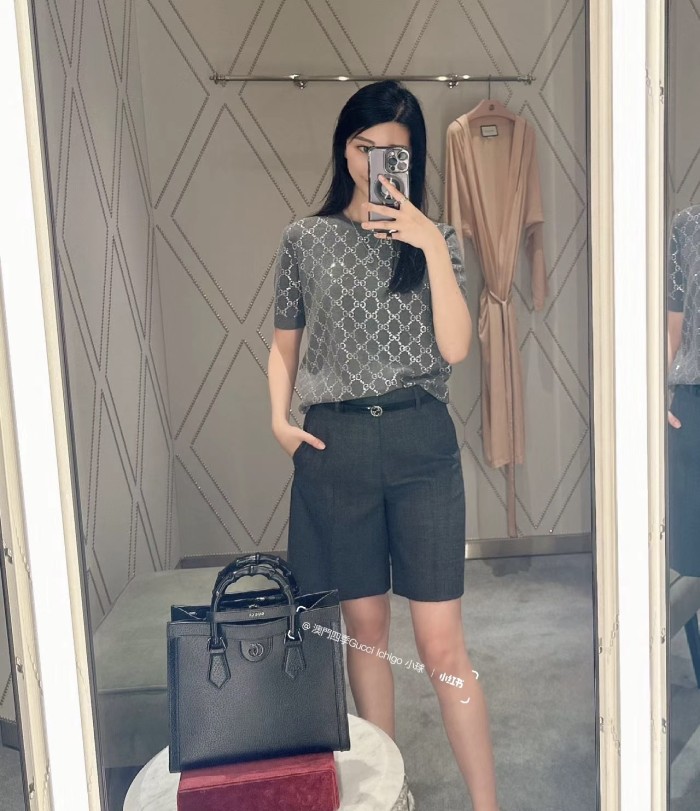 NIGO Gucci Women's Summer Gray Letter Logo Rhinestone Decoration Slim Short Sleeve Knit T-Shirt #nigo72992