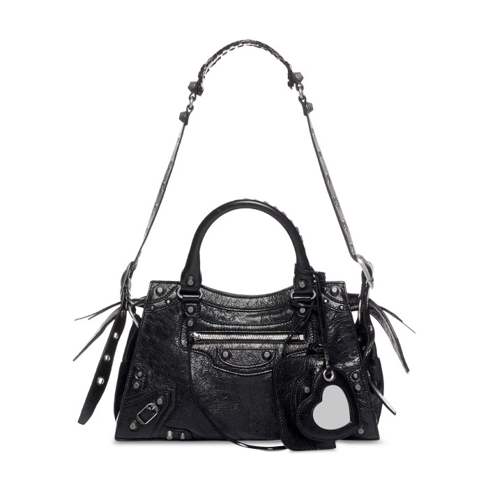 Nigo Balenciaga NEO CAGOLE CITY Trendy And Stylish Retro Motorcycle Metal Rivet Leather Zipper Love Pendant Card Bag Handbag Crossbody Bag 736046210B01000 Ngvp #nigo71267