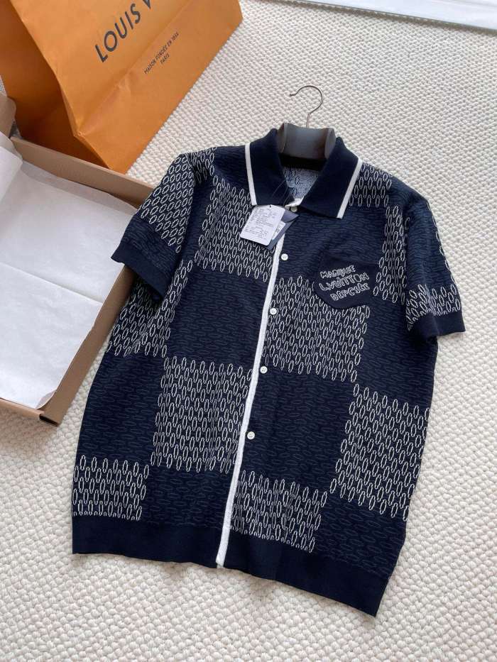 NIGO Louis Vuitton Men's Spring And Summer Letter Jacquard Knit Single Breasted Short Sleeved Shirt Drawstring Casual Shorts Suit Set #nigo73114