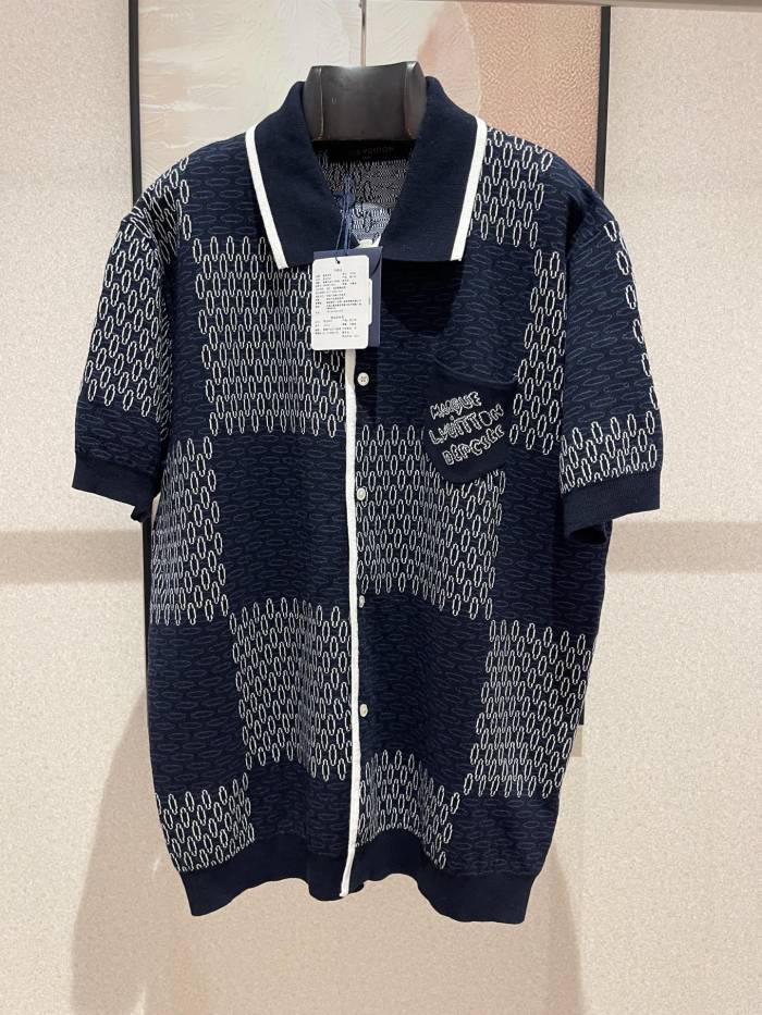 NIGO Louis Vuitton Men's Spring And Summer Letter Jacquard Knit Single Breasted Short Sleeved Shirt Drawstring Casual Shorts Suit Set #nigo73114