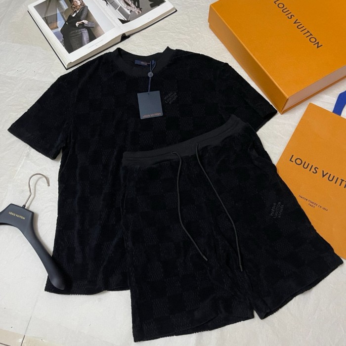 NIGO Louis Vuitton Men's Summer Black Embroidered Logo Printed Cotton Short Sleeve T-Shirt Casual Shorts Set Suit #nigo73129