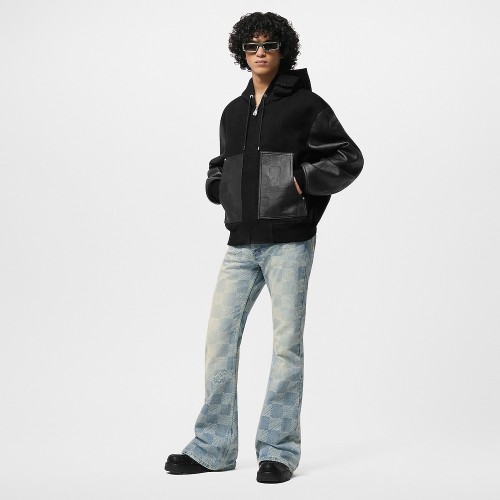 NIGO Louis Vuitton Men's Fall And Winter Black Suede Patchwork Hooded Drawstring Zipper Long Sleeve Jacket #nigo73125