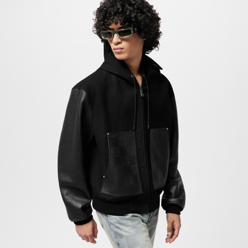 NIGO Louis Vuitton Men's Fall And Winter Black Suede Patchwork Hooded Drawstring Zipper Long Sleeve Jacket #nigo73125