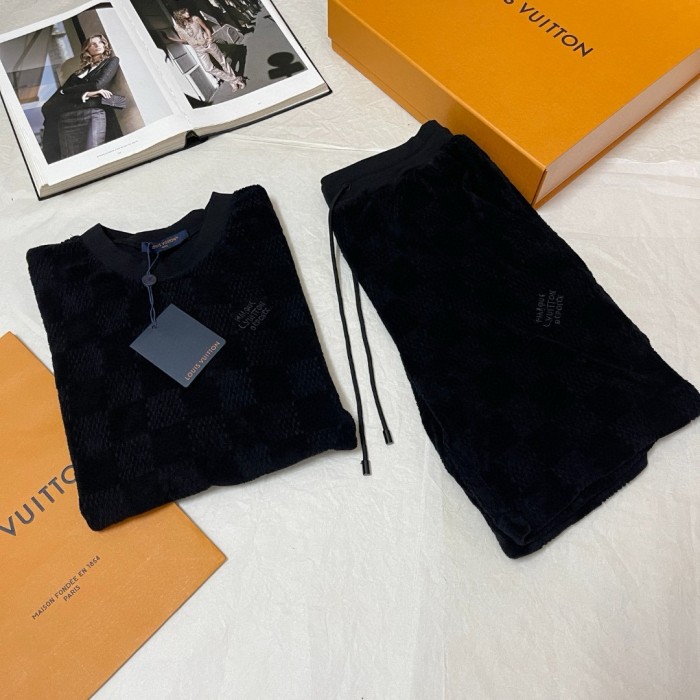 NIGO Louis Vuitton Men's Summer Black Embroidered Logo Printed Cotton Short Sleeve T-Shirt Casual Shorts Set Suit #nigo73129