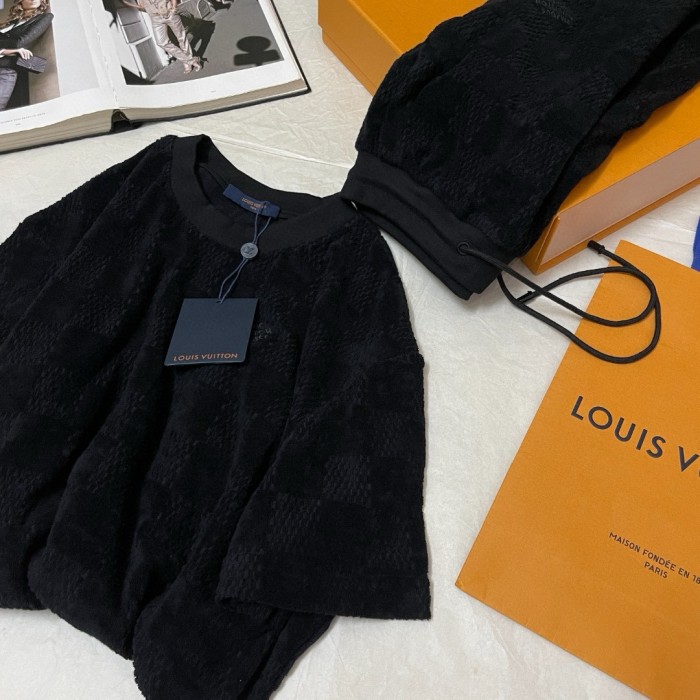 NIGO Louis Vuitton Men's Summer Black Embroidered Logo Printed Cotton Short Sleeve T-Shirt Casual Shorts Set Suit #nigo73129