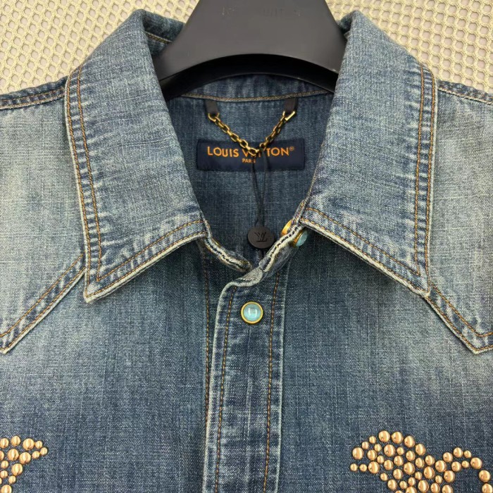 NIGO Louis Vuitton Men's Spring And Fall Cotton Logo Rivets Embellished Single-Breasted Slim Long-Sleeved Blue Denim Shirt #nigo71621
