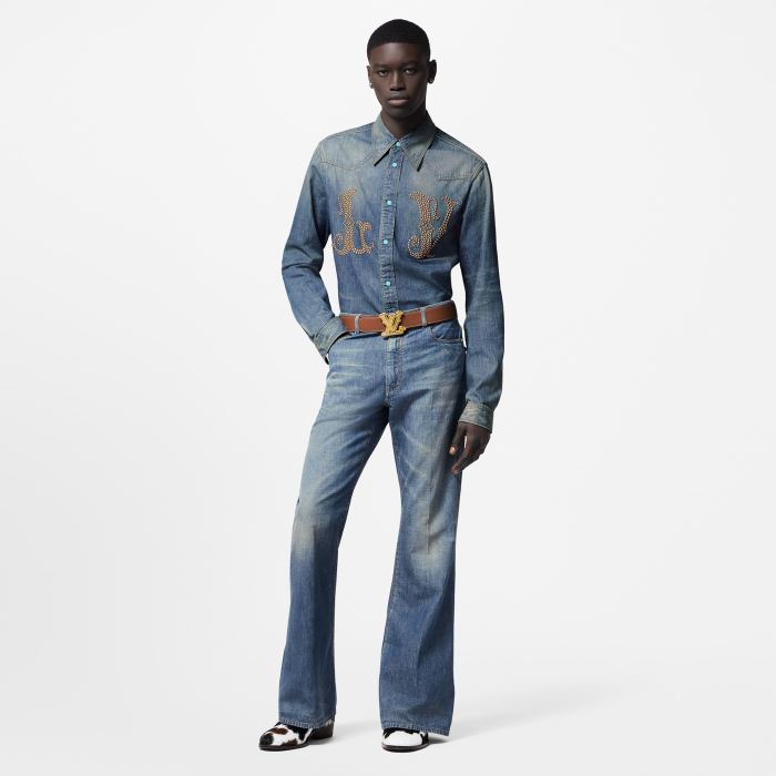 NIGO Louis Vuitton Men's Spring And Fall Cotton Logo Rivets Embellished Single-Breasted Slim Long-Sleeved Blue Denim Shirt #nigo71621