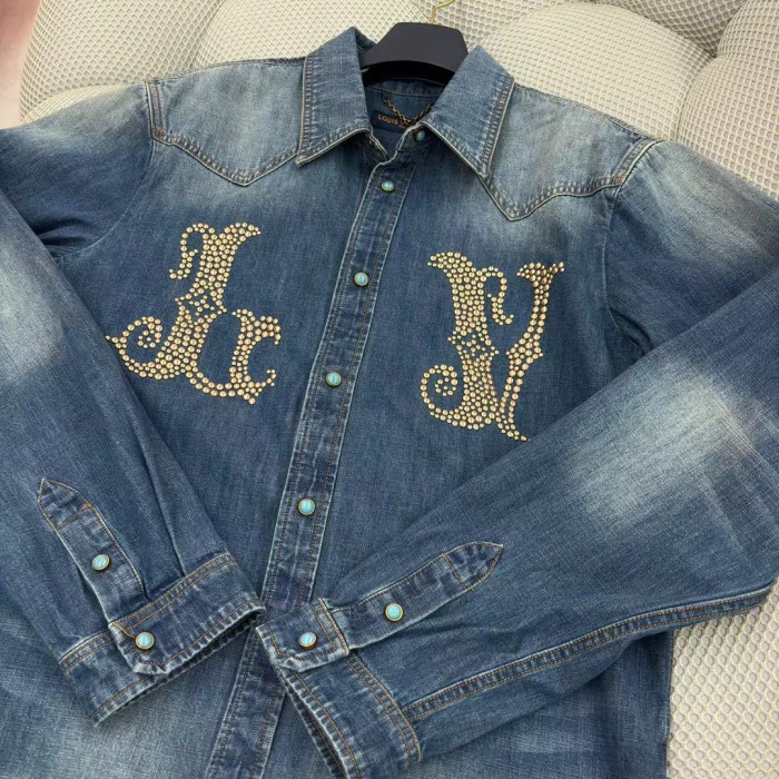 NIGO Louis Vuitton Men's Spring And Fall Cotton Logo Rivets Embellished Single-Breasted Slim Long-Sleeved Blue Denim Shirt #nigo71621