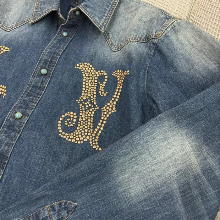 NIGO Louis Vuitton Men's Spring And Fall Cotton Logo Rivets Embellished Single-Breasted Slim Long-Sleeved Blue Denim Shirt #nigo71621