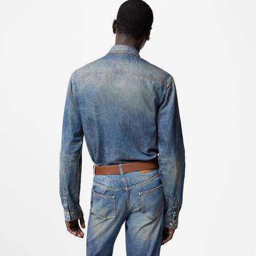 NIGO Louis Vuitton Men's Spring And Fall Cotton Logo Rivets Embellished Single-Breasted Slim Long-Sleeved Blue Denim Shirt #nigo71621