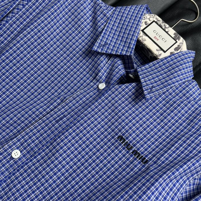 NIGO MiuMiu Women's Spring And Summer Blue Plaid Letters Embroidery Drop Shoulder Single Breasted Collar Long Sleeved Shirt #nigo98989