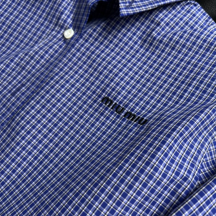 NIGO MiuMiu Women's Spring And Summer Blue Plaid Letters Embroidery Drop Shoulder Single Breasted Collar Long Sleeved Shirt #nigo98989