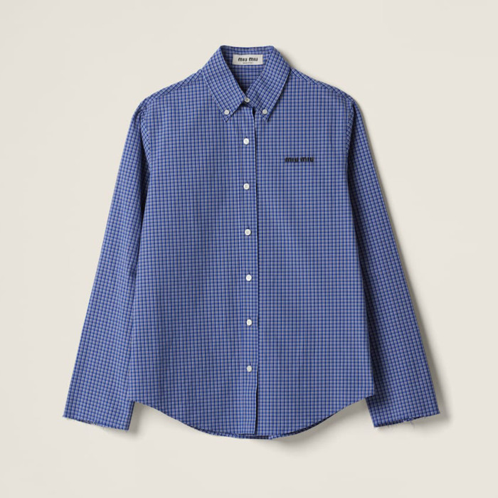 NIGO MiuMiu Women's Spring And Summer Blue Plaid Letters Embroidery Drop Shoulder Single Breasted Collar Long Sleeved Shirt #nigo98989