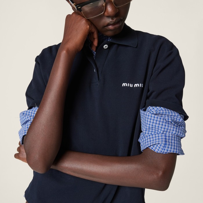 NIGO MiuMiu Women's Spring And Summer Blue Plaid Letters Embroidery Drop Shoulder Single Breasted Collar Long Sleeved Shirt #nigo98989