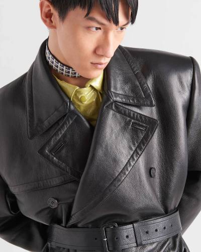 NIGO Prada Men's Fall And Winter Fashion Double-Breasted Strap Waist Long Casual Black Long-Sleeved Cowhide Trench Coat Jacket #nigo9297