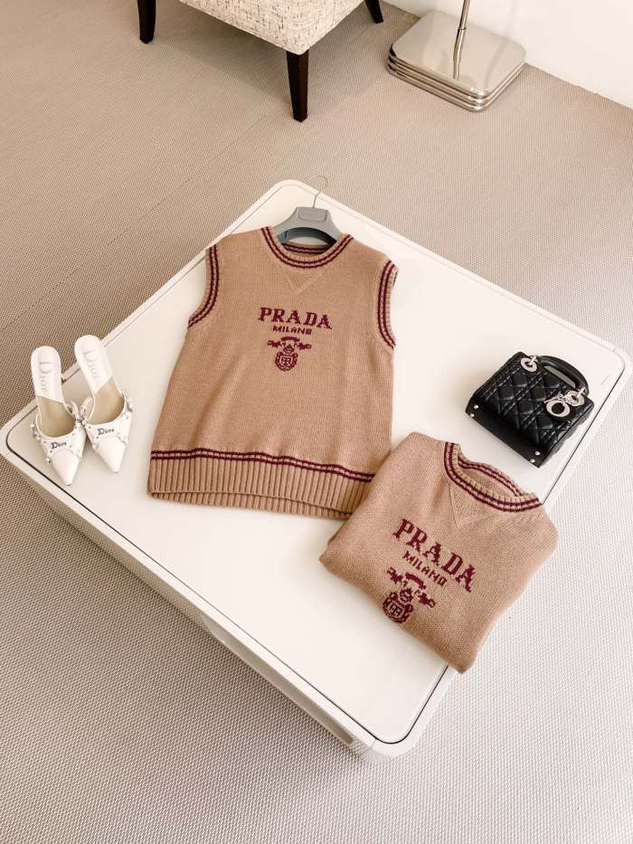 NIGO Prada Women's Spring/Summer Striped Logo Letter Wool Crew Neck Sleeveless Knit Sweater #nigo73164