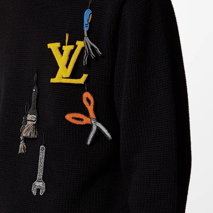 NIGO Louis Vuitton Men's Autumn and Winter Black Embroidered Letter Logo Tool Pattern Round Neck Long Sleeve Sweater Pullover #nigo73158