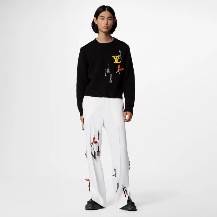 NIGO Louis Vuitton Men's Autumn and Winter Black Embroidered Letter Logo Tool Pattern Round Neck Long Sleeve Sweater Pullover #nigo73158