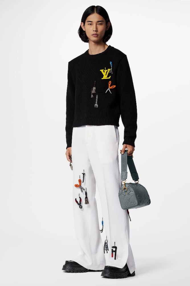 NIGO Louis Vuitton Men's Autumn and Winter Black Embroidered Letter Logo Tool Pattern Round Neck Long Sleeve Sweater Pullover #nigo73158
