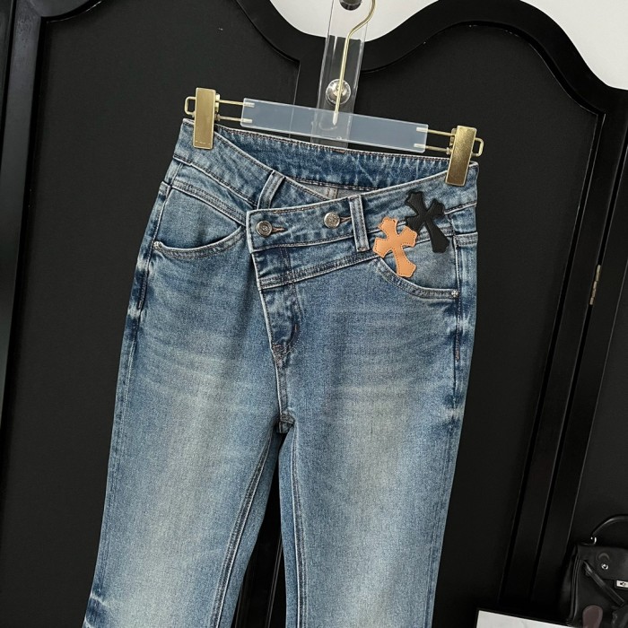 NIGO Chrome Hearts Women's Spring And Fall Blue High-waisted Thin Slim Stretch Flare Jeans Pants #nigo73217