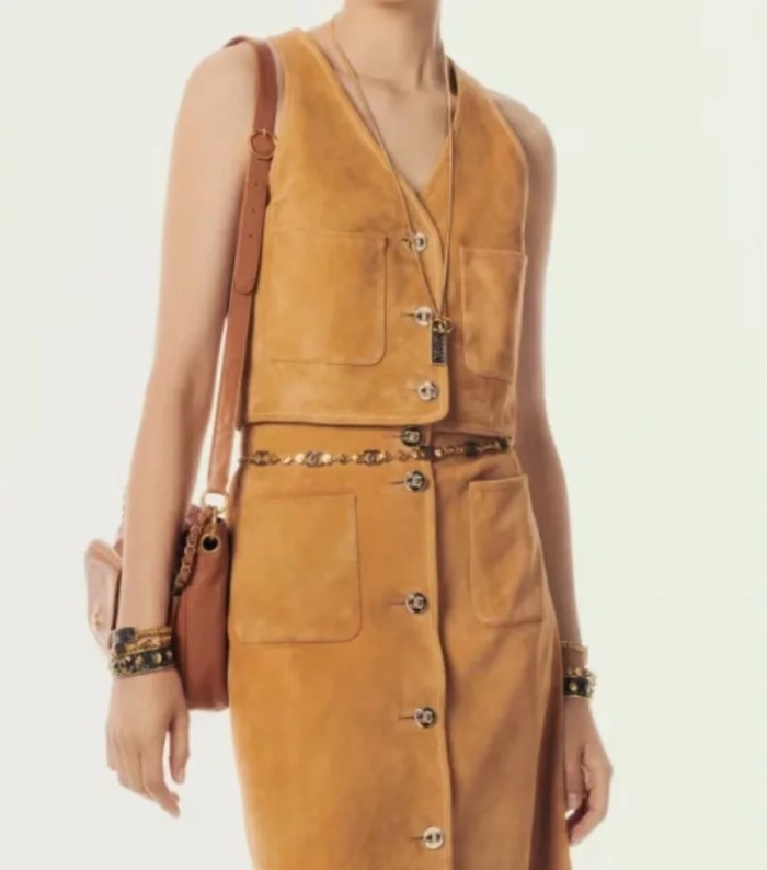 NIGO Chanel Women's Spring, Autumn And Winter Single-breasted Floral Long Sleeve Short Leather Jacket Casual V-neck Leather Vest Pure Color High Street Style Leather Long Half Skirt Suit Set #nigo71636