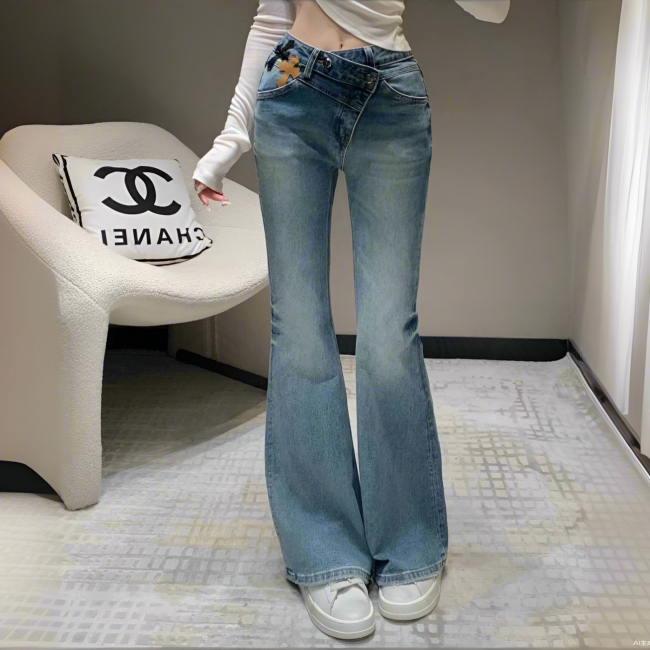 NIGO Chrome Hearts Women's Spring And Fall Blue High-waisted Thin Slim Stretch Flare Jeans Pants #nigo73217