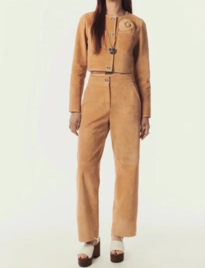 NIGO Chanel Women's Spring, Autumn And Winter Single-breasted Floral Long Sleeve Short Leather Jacket Casual V-neck Leather Vest Pure Color High Street Style Leather Long Half Skirt Suit Set #nigo71636