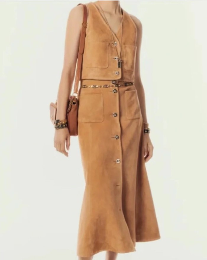 NIGO Chanel Women's Spring, Autumn And Winter Single-breasted Floral Long Sleeve Short Leather Jacket Casual V-neck Leather Vest Pure Color High Street Style Leather Long Half Skirt Suit Set #nigo71636