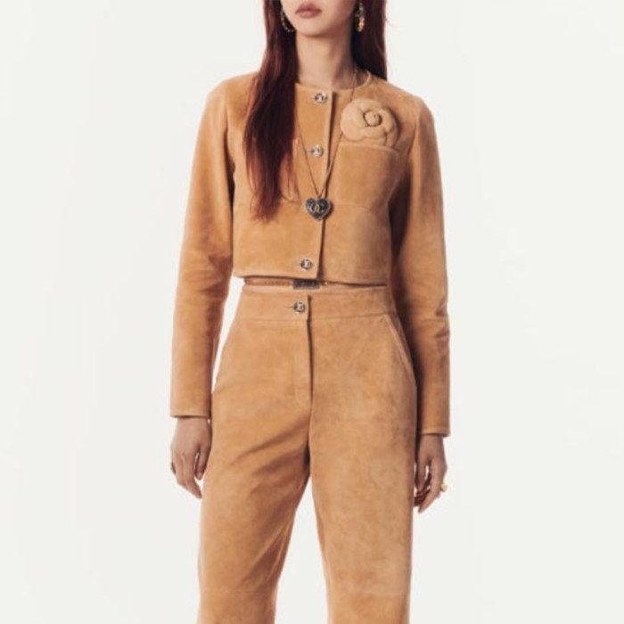 NIGO Chanel Women's Spring, Autumn And Winter Single-breasted Floral Long Sleeve Short Leather Jacket Casual V-neck Leather Vest Pure Color High Street Style Leather Long Half Skirt Suit Set #nigo71636