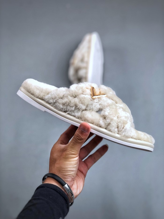 NIGO Louis Vuitton Women's Spring and Autumn Solid Color Wool Leather Upper Letter Metal Decoration Flat Bottom One Slippers Shoes #nigo73215